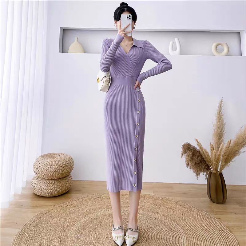 [ VM ] Midi Dress Rajut 762 kancing nyamping kimono kerah kemeja Panjang Wanita