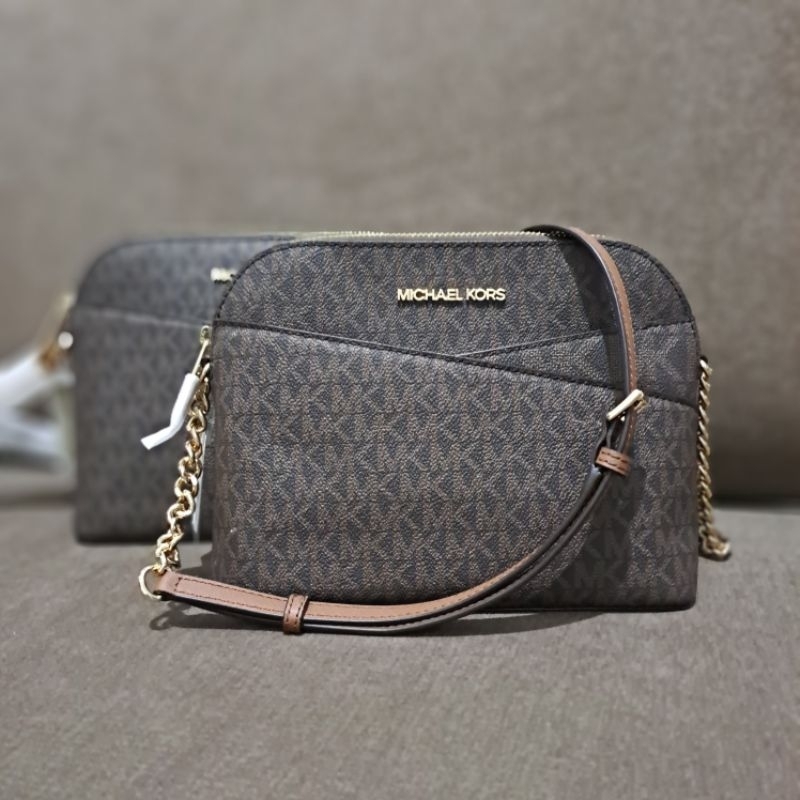 TAS WANITA MICHAEL KORS JET SET TRAVEL MEDIUM DOME CROSSBODY BAG/SIGNATURE BROWN/VANILA BROWN/ELECTR