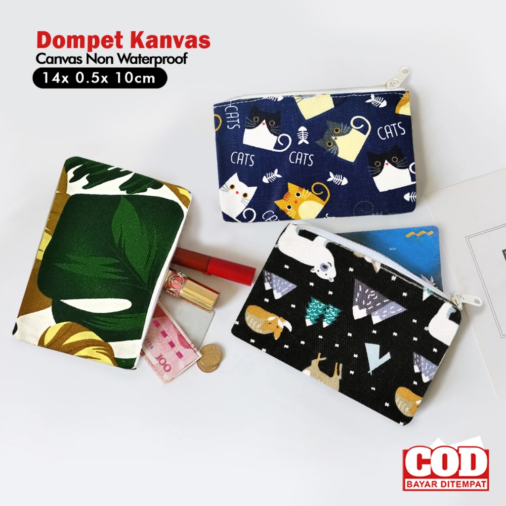 Dompet koin wanita canvas motif dompet mini cewek tempat uang receh pouch resleting kecil