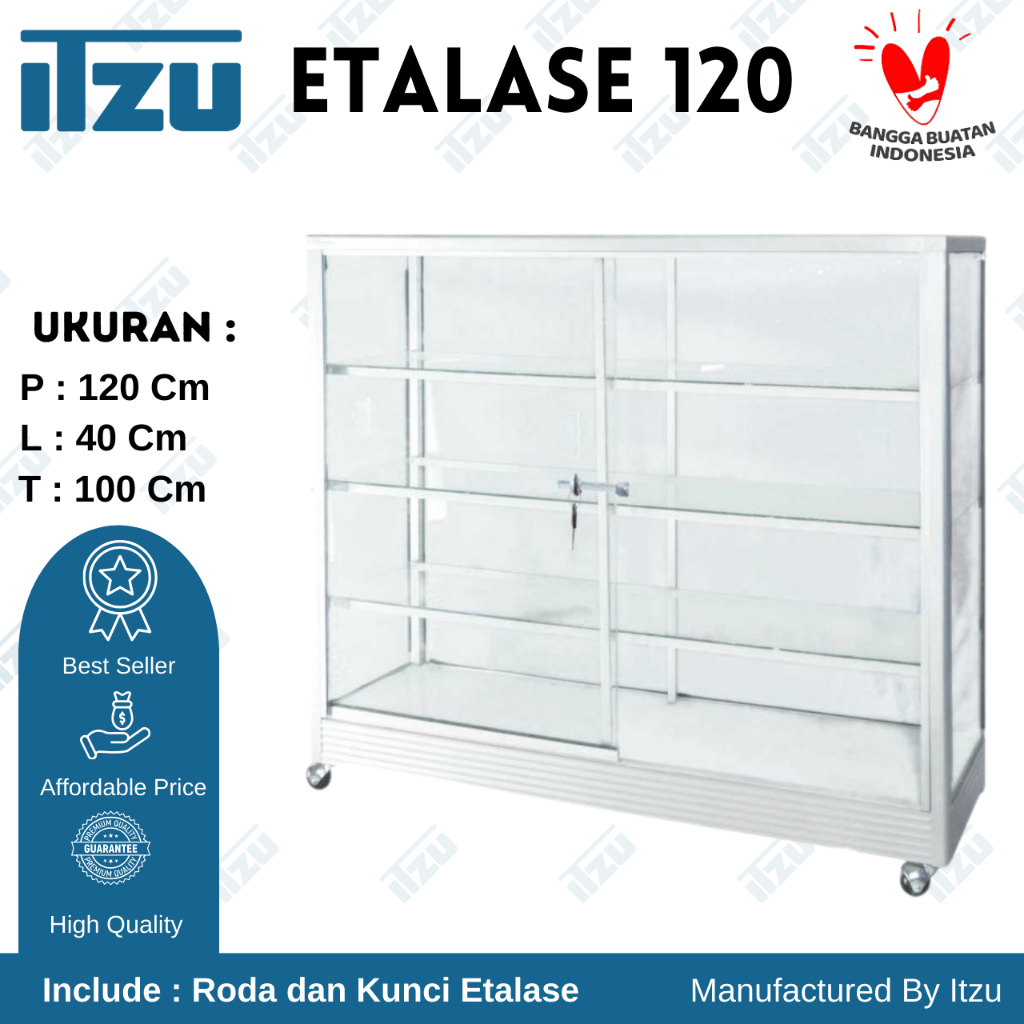 Etalase Kaca Alumunium 120 Cm / Etalase Kaca Jualan 120 cm dengan Roda dan Kunci