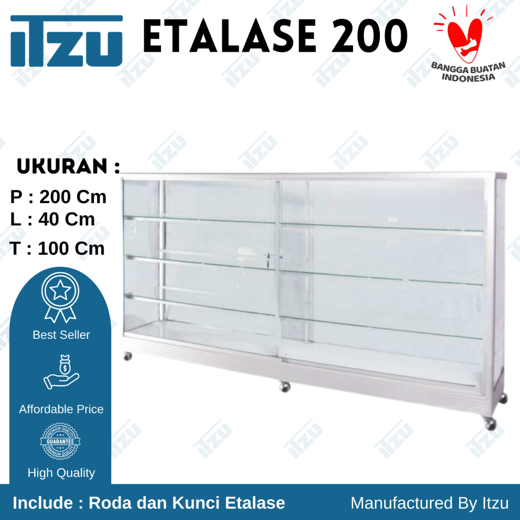 Etalase Kaca Alumunium 200 Cm / Etalase Kaca Jualan 200 cm dengan Roda dan Kunci