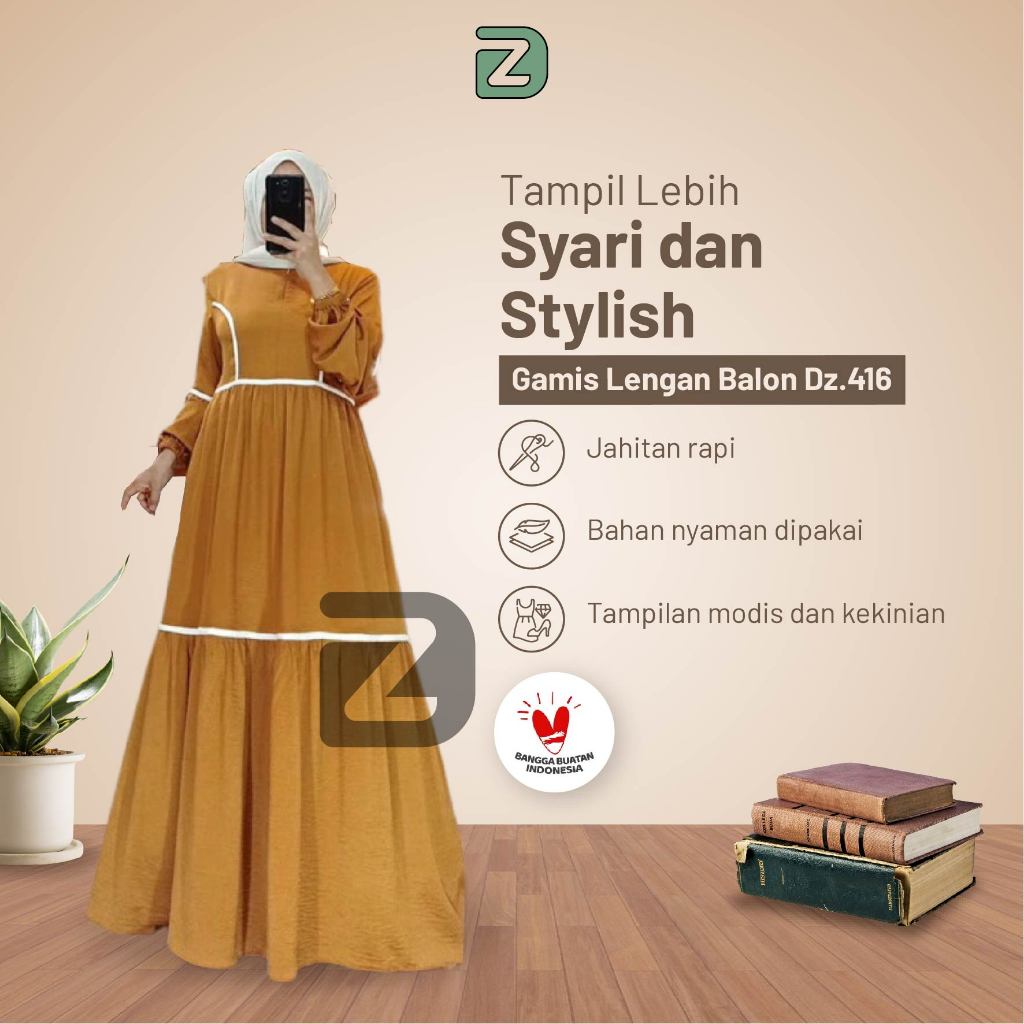 Gamis Tingkat Lengan Balon Dz416 - Gamis Terbaru Model Lengan Balon - Gamis Wanita Muslimah Bahan Sa