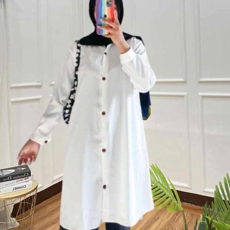 Baju Atasan Tunic Wanita Muslimah Putih dan Hitam Polos Crinkle Airflow Premium Lengen Panjang
