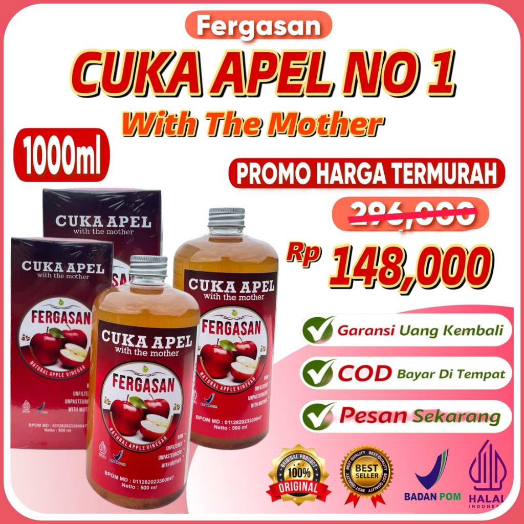 

Cuka Apel Premium 100% Original - Paket 2 Botol Isi 1000 ml - Apple Cider Vinegar 100% Organik