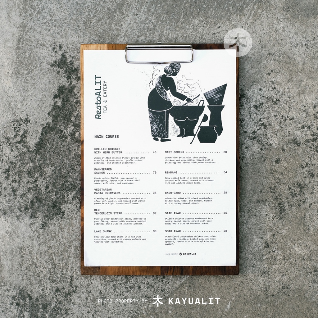 

Cover buku menu kayu jati perhutani / Menu Board / Wooden Book Menu / Resto / Model Clip Atas