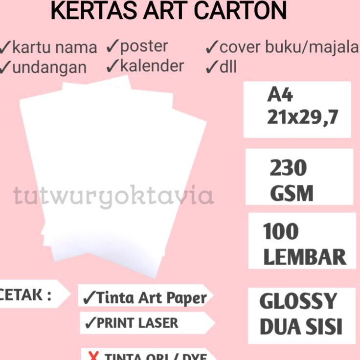 

Ready Stok Kertas art carton 23 gsm A4 isi 1 lembar T45