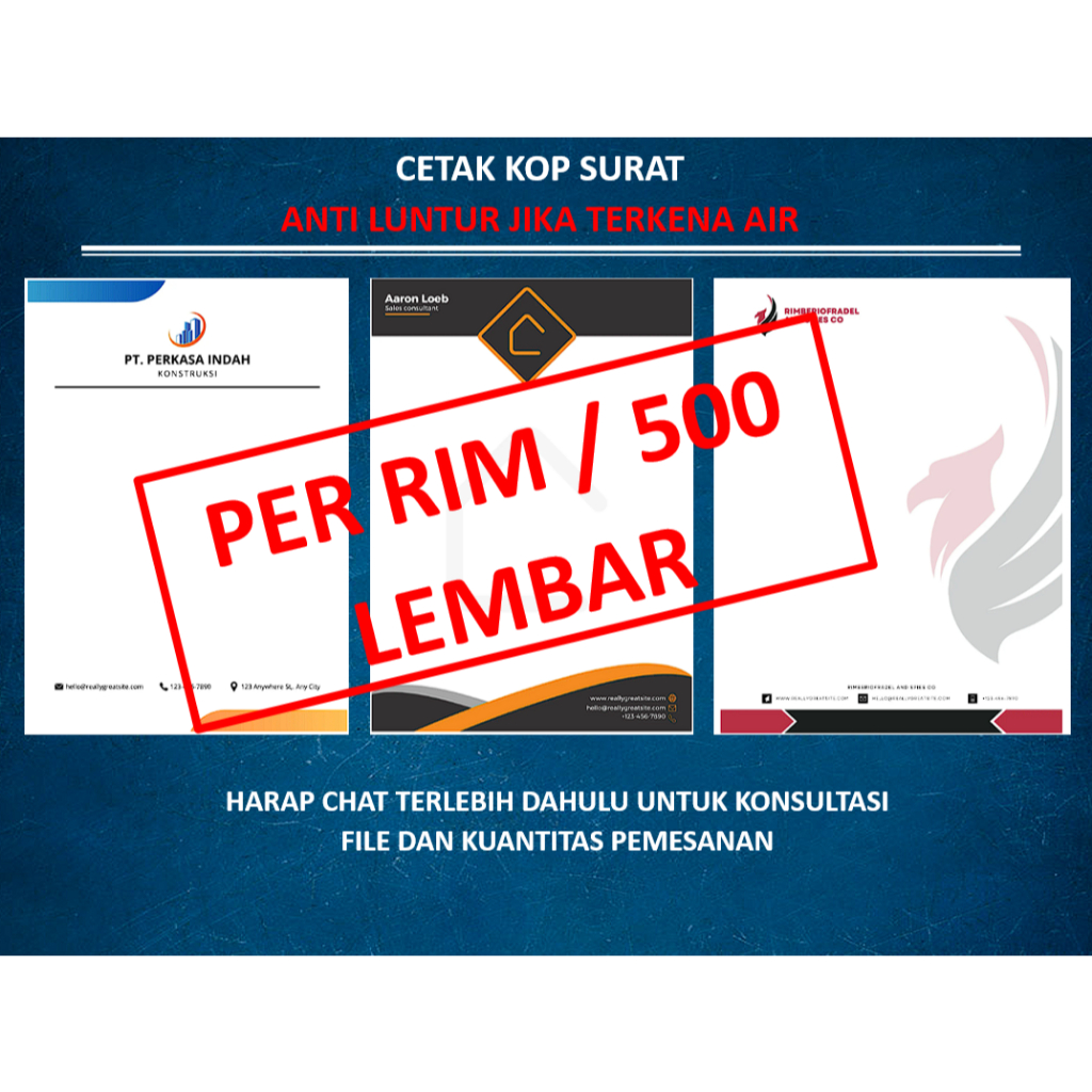 

CETAK KOP SURAT / DOKUMEN ANTI LUNTUR SAAT TERKENA AIR (F4,A4, A5, A6 PER RIM)