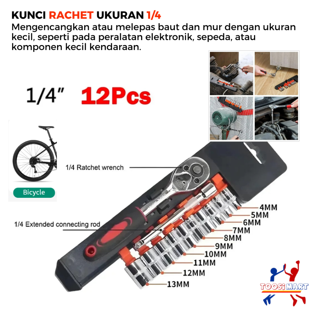 CRV Kunci Rachet Sepeda Elektronik Serbaguna Lengkap Set Mata Mur Baut Ukuran Kecil 1/4  4-13 mm