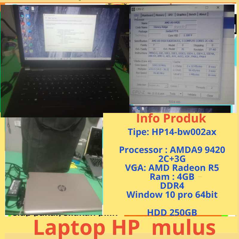Laptop hp 14-bw002AX A9 siap pakai