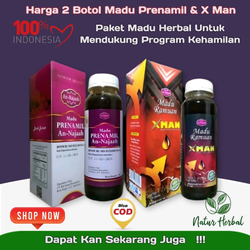 

Paket 2 botol Madu Promil Prenamil An Najaah Dan Madu Subur Pria X Man 330 Gram