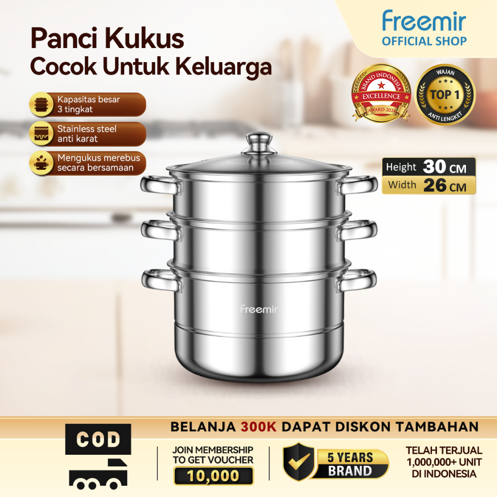 [FLASH SALE] freemir Panci Kukus 3 Susun Tutup Kaca Kukusan Stainless Steel Tebal Steamer Pot