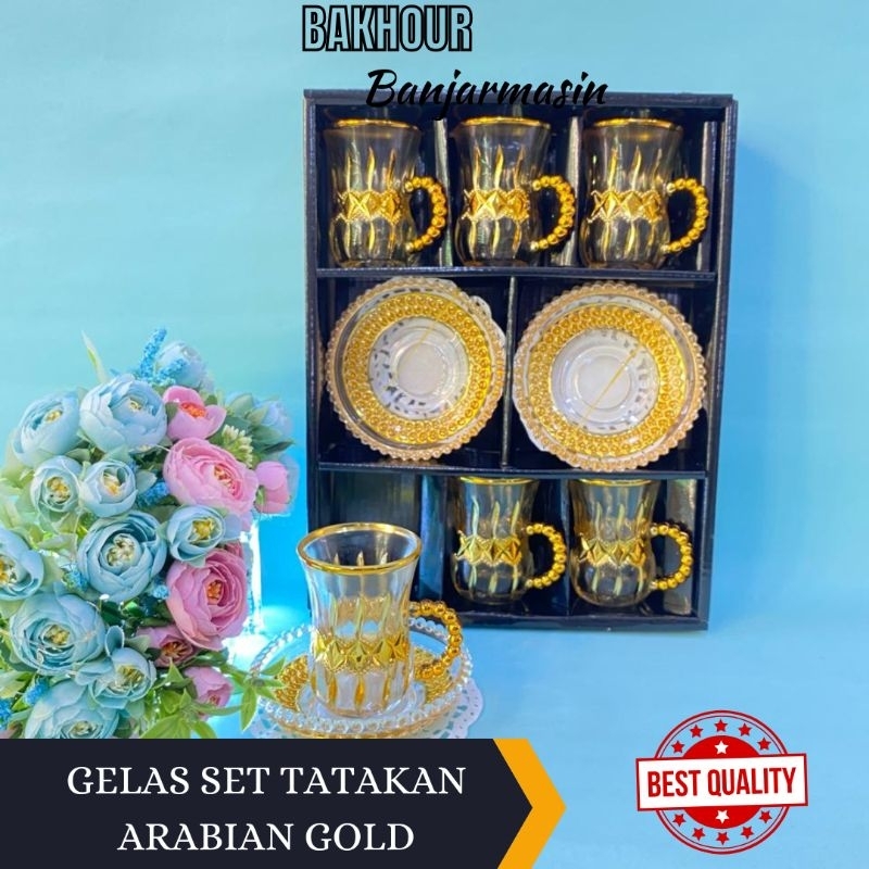 GELAS SET TATAKAN ARABIAN GOLD ( 6 GELAS & 6 TATAKAN )