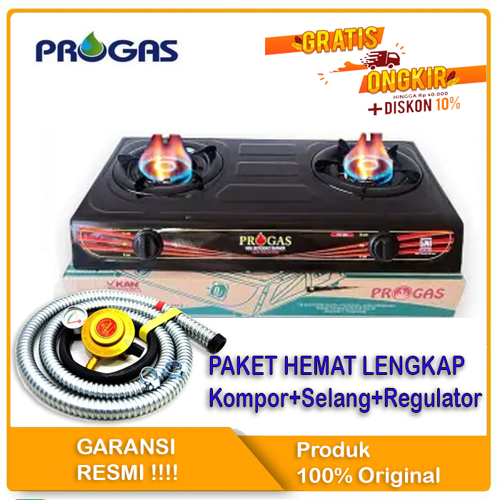 Kompor Progas 2 Tungku Teflon Hitam Kompor Gas Dua Tungku + Selang Paket Regulator SNI
