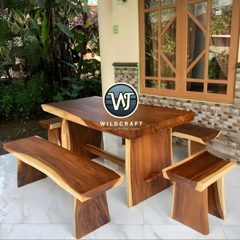 SET MEJA MAKAN 150CM KAYU TREMBESI SOLID FINISHING NATURAL