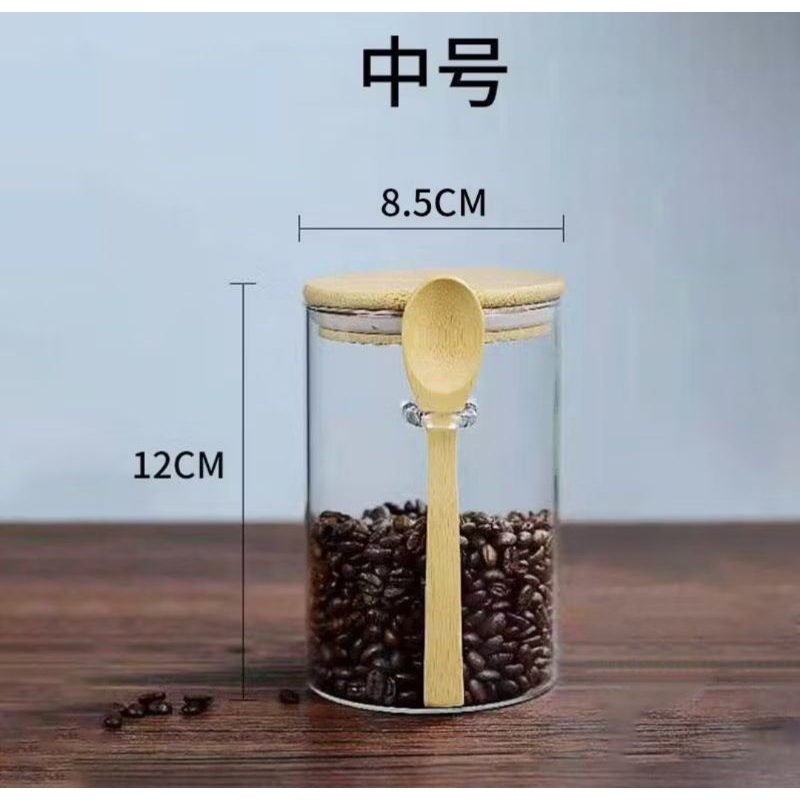 Toples kaca mini bulat tabung tutup kayu + sendok