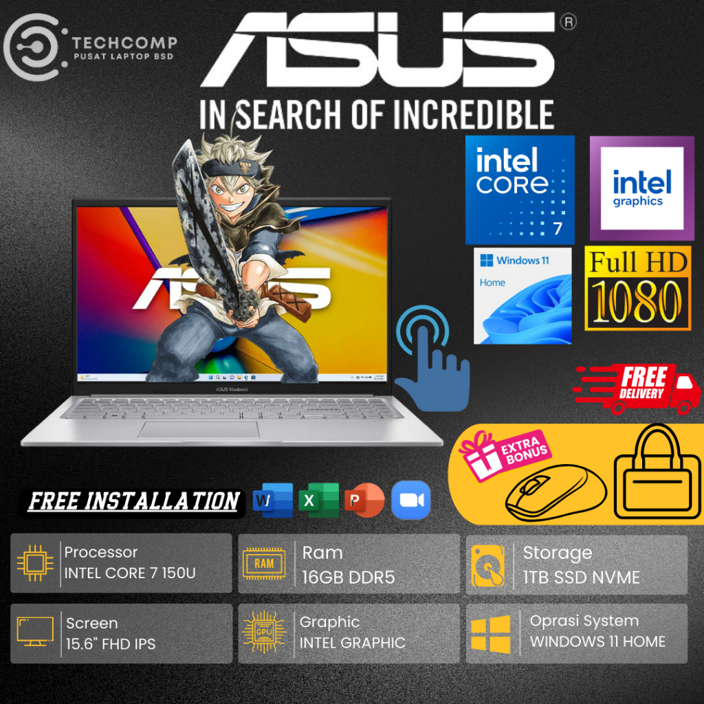 TERBARU LAPTOP ASUS VIVOBOOK 15 F1504VAP INTEL CORE 7 150U 16GB 1TB SSD 15.6"FHD TOUCHSCREEN WIN11