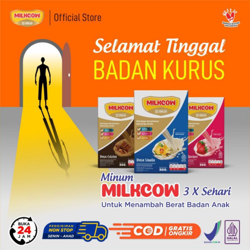 

MILKCOW SUSU SAPI FULL CREAM PENAMBAH NAFSU MAKAN 500 GRAM RASA TIDAK BIKIN ENEG 3 VARIAN RASA