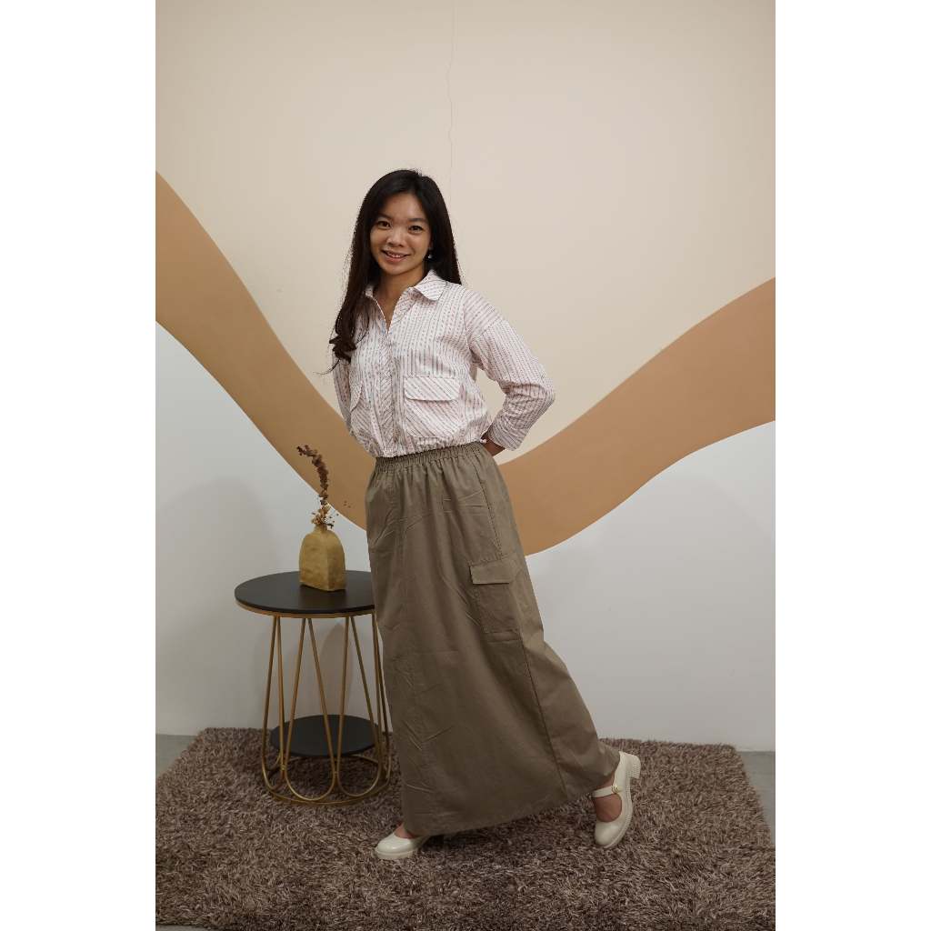 Missty Freeteen Kemeja Rok Wanita One Set Warna Putih Pink Cokelat Motif Garis Best Seller Kekinian 