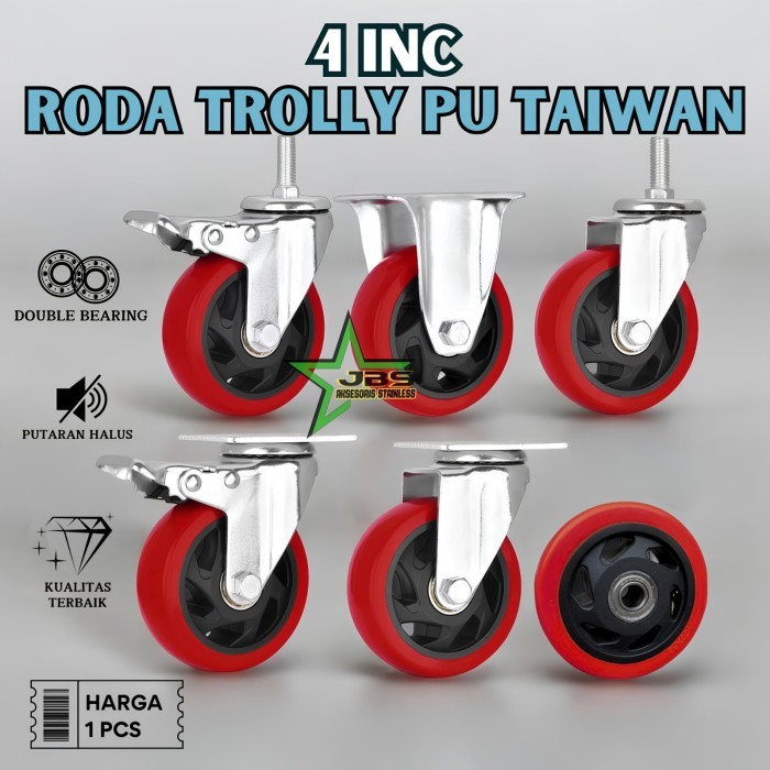 RODA TROLI 4" INCH PU MERAH TAIWAN+DOUBLE BEARING HEAVY DUTY - RODA CASTER TAIWAN