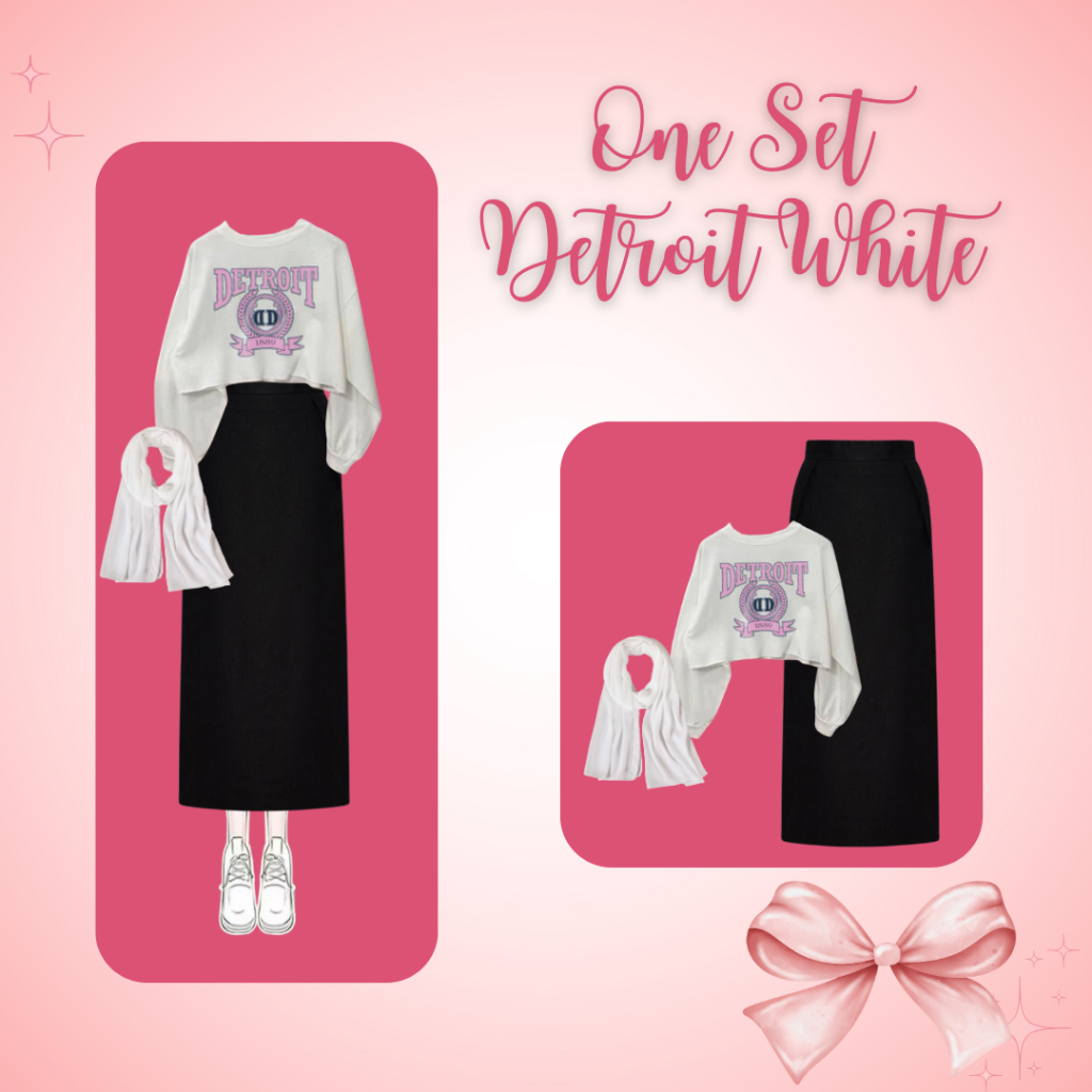 One Set  Detroit White (Sweater Crop+Rok Span+Pashmina) Setelan Anak Muda Kekinian