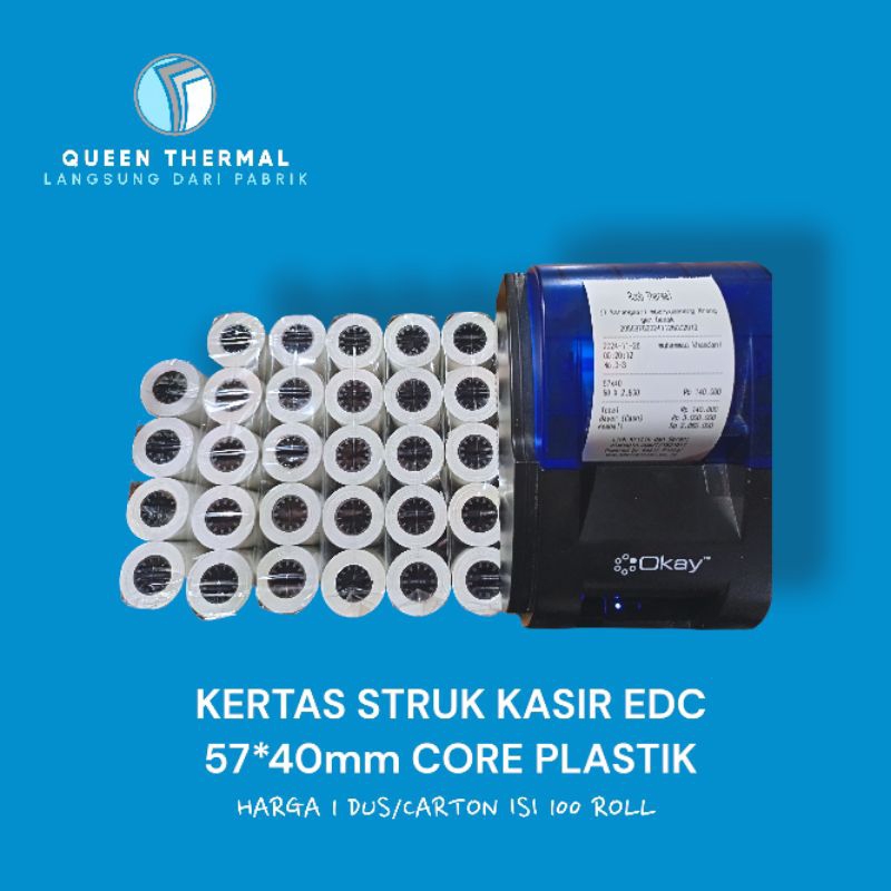

KERTAS STRUK KASIR 1 DUS ISI 100 ROLL |EDC PRINTER BLUETOOTH |57*40 CORE PLASTIK ATOM