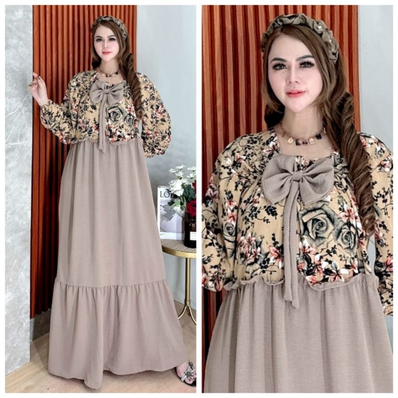 Gamis Mafa Motif Bunga Kombinasi Crinkle Airflow Premium