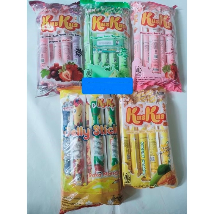 

Minuman Camilan Jelly Kuskus Jeli Stick Yogurt 10 pcs x 50 Ml Varian Original, Mangga, Strawberry, Leci, Kiokio Assorted 10 x 20 Gr