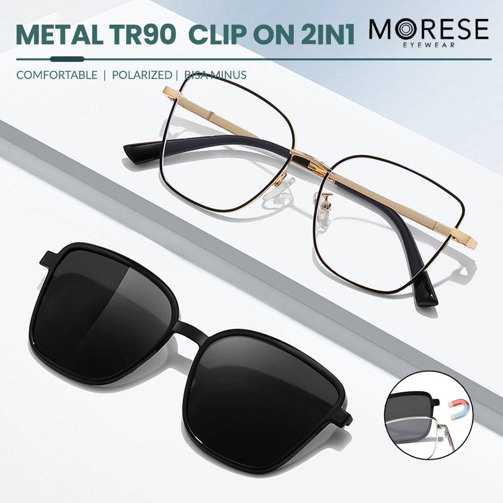 Morese Clip On Kacamata 2in1 Model Kotak Semi Cat Eye Clip UV 400 Protection Metal+TR90 Ringan Fashi