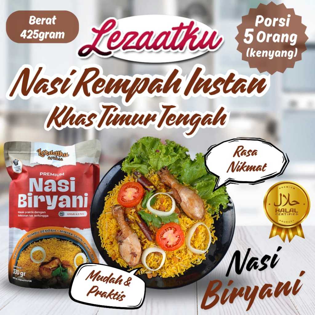 

LEZAATKU Bumu Instan BIRYANI Plus Beras Basmati 450gr Rempah Arab Bumbu Masakan Arab Lengkap Praktis Komplit Nasi Instan Beras Basmati 5 Porsi Kebuli Kabsah Briyani Mandhi Bukhori