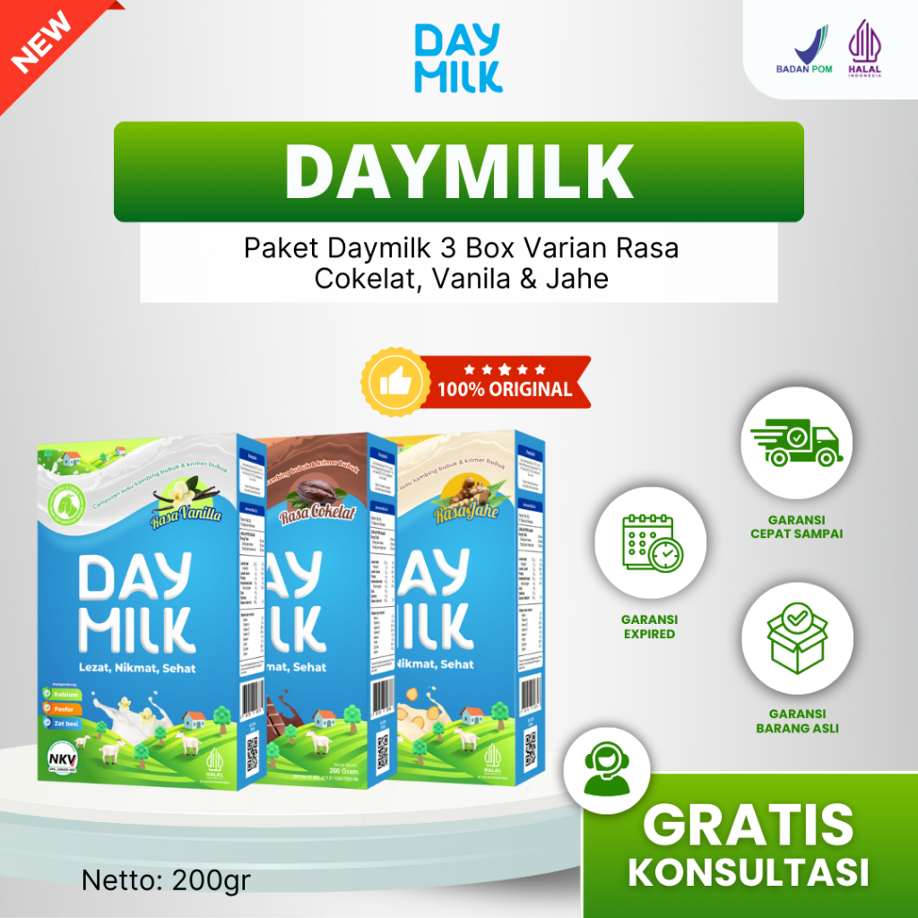 

[PAKET 3 BOX] DAYMILK Varian Rasa - Cokelat, Vanilla, Jahe - Susu Kambing Etawa Bubuk