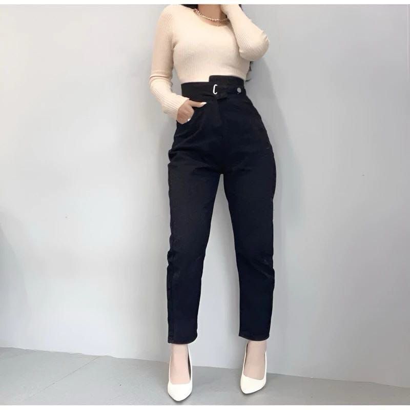 Celana Wanita D46 Jeans Highwaist Boyfrend Pinggang Tali