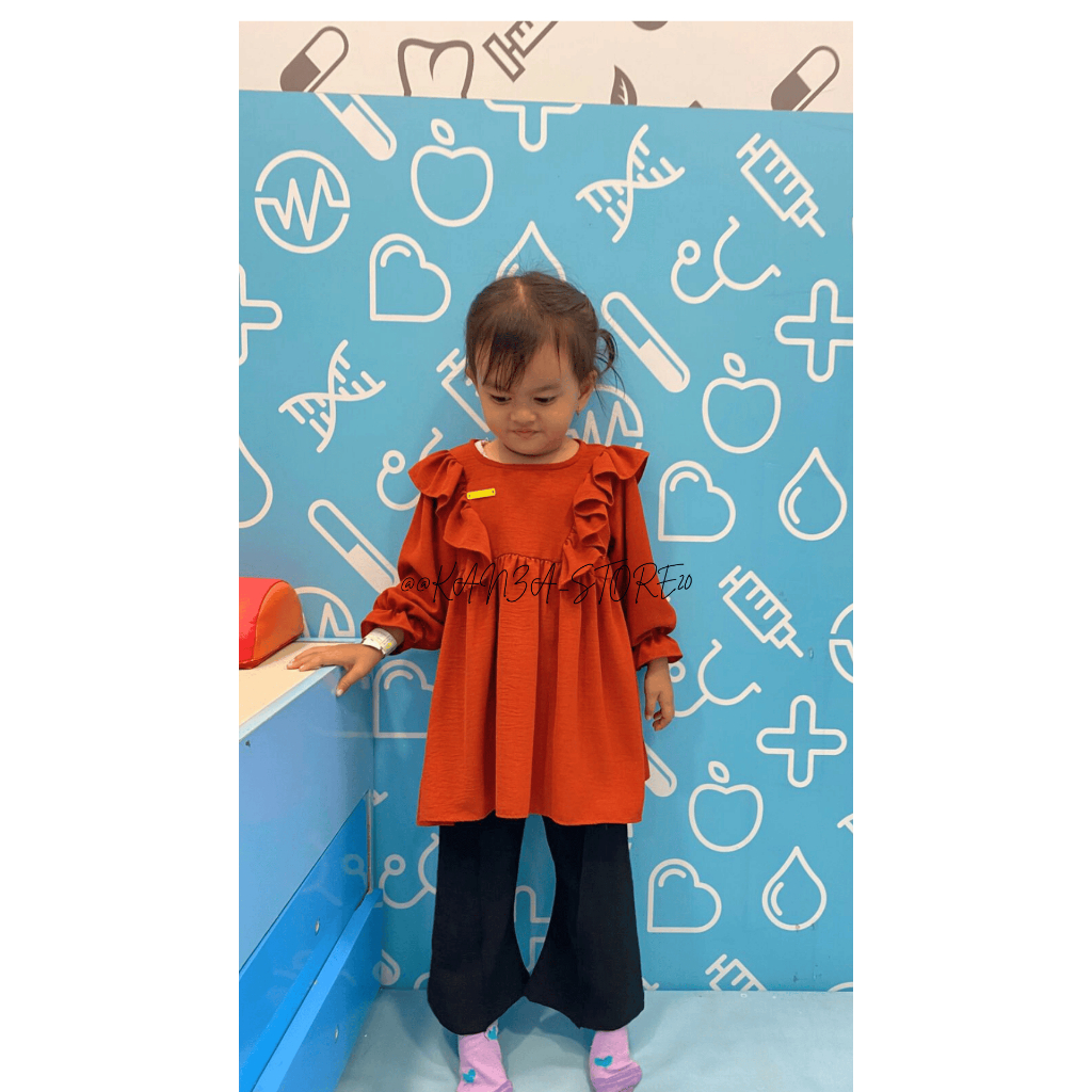 Tunik Anak Perempuan Korea Ruffle Bahu Bahan Cey Cringkle Usia 1-6 Tahun Kor1