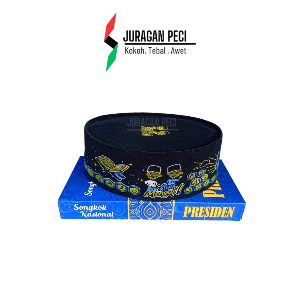 PECI SONGKOK HITAM MOTIF UPIN & IPIN ANAK ANAK