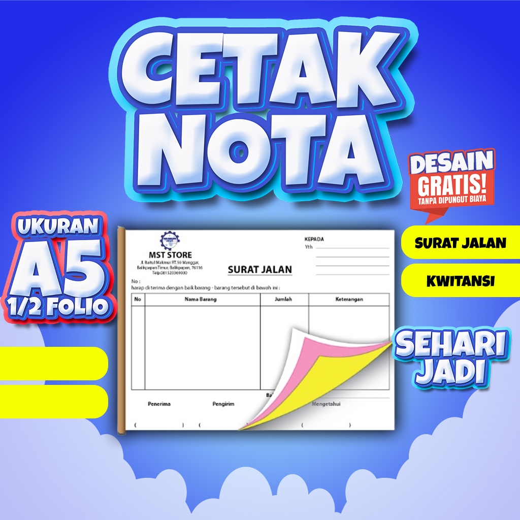 

Cetak Nota surat jalan kwitansi Ukuran 1/2 Full warna Sehari Jadi