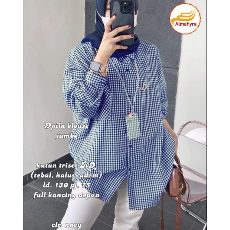 BLOUSE KATUN JUMBO LD 130 - QAILA KEMEJA WANITA OVERSIZE - ATASAN WANITA  MOTIF KOTAK KOTAK TERBARU 