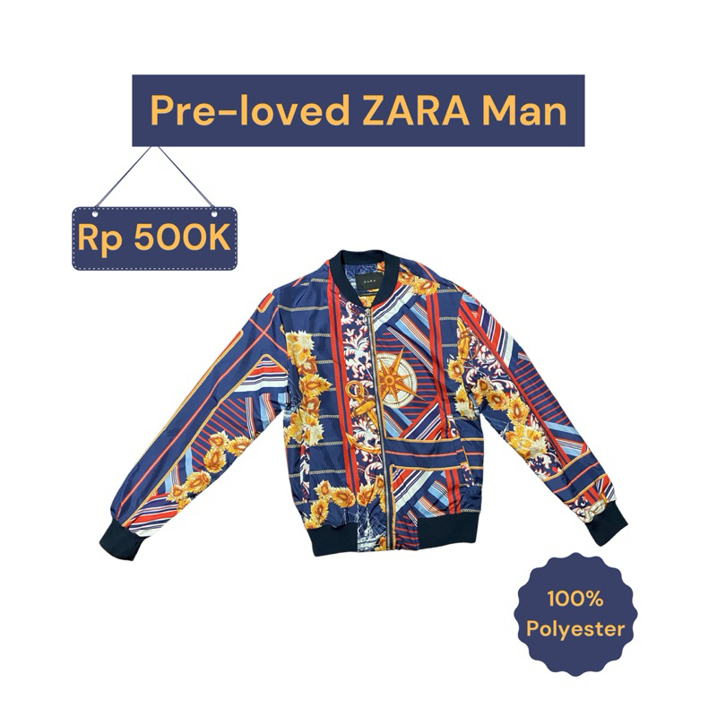Pre-loved Jaket Pria Bomber ZARA Man (Asli beli di toko). Biru dongker motif orange, merah dan hitam