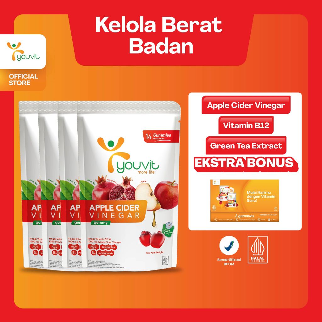 [FREE GIFT]  Apple Cider Vinegar Gummy untuk Kelola Berat Badan | Youvit ACV 28 Hari (4 Pouch) denga