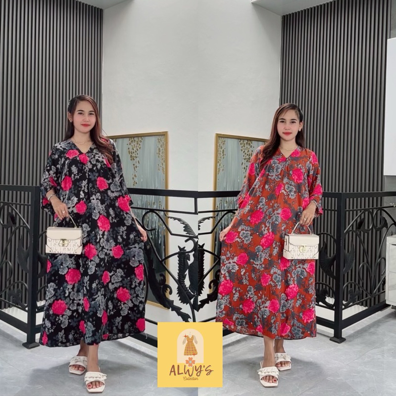 Midi Dress Gamis CLAUDIA Lengan 3/4 Leher V Busui Daster Rayon Santung Gamis Wanita Terbaru