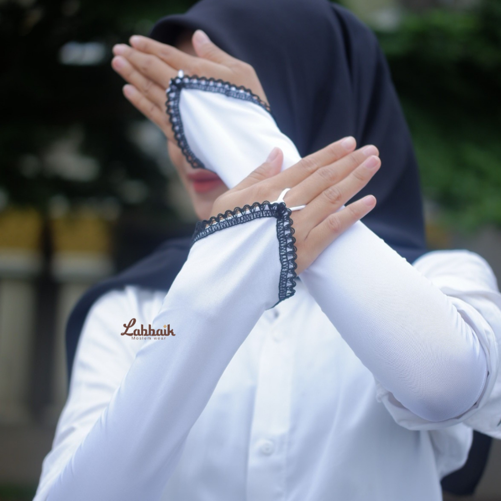 LABBAIK - Handsock Putih Renda Wanita Manset Tangan Premium Perlengkapan Haji