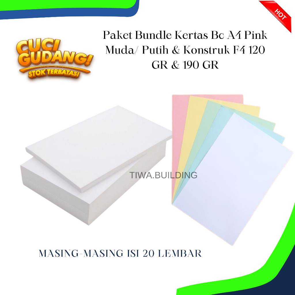

CUCI GUDANG! PAKET KERTAS BC PUTIH/PINK MUDA A4 & KERTAS KONSTRUK F4 120 GR/F4 190 GR – MASING-MASING ISI 20 LEMBAR. STOK TERBATAS!