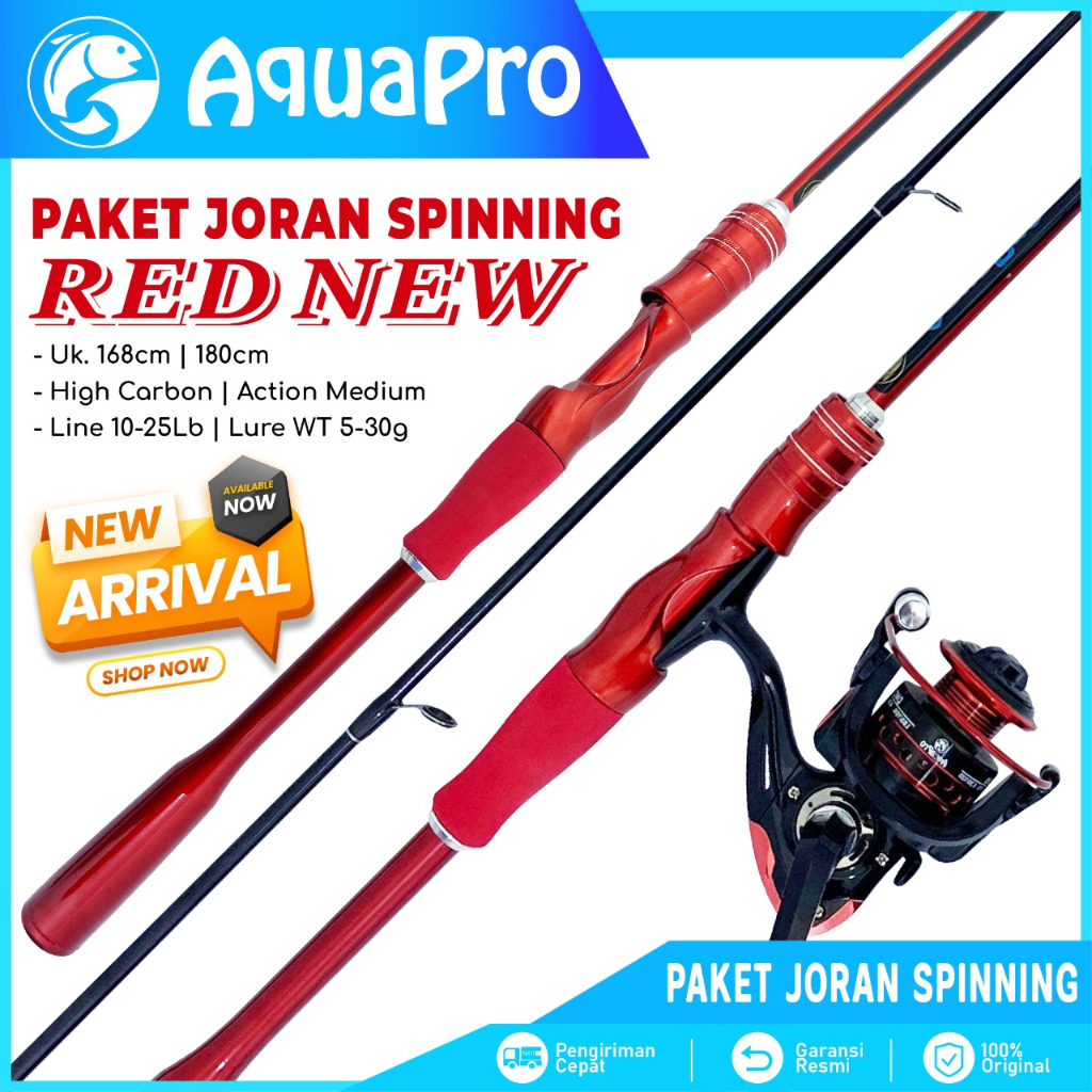 Aquapro 1 Set Paket Alat Pancing Joran Spinning Fishing Rod Merah High Carbon & Reel Pancing DM1000