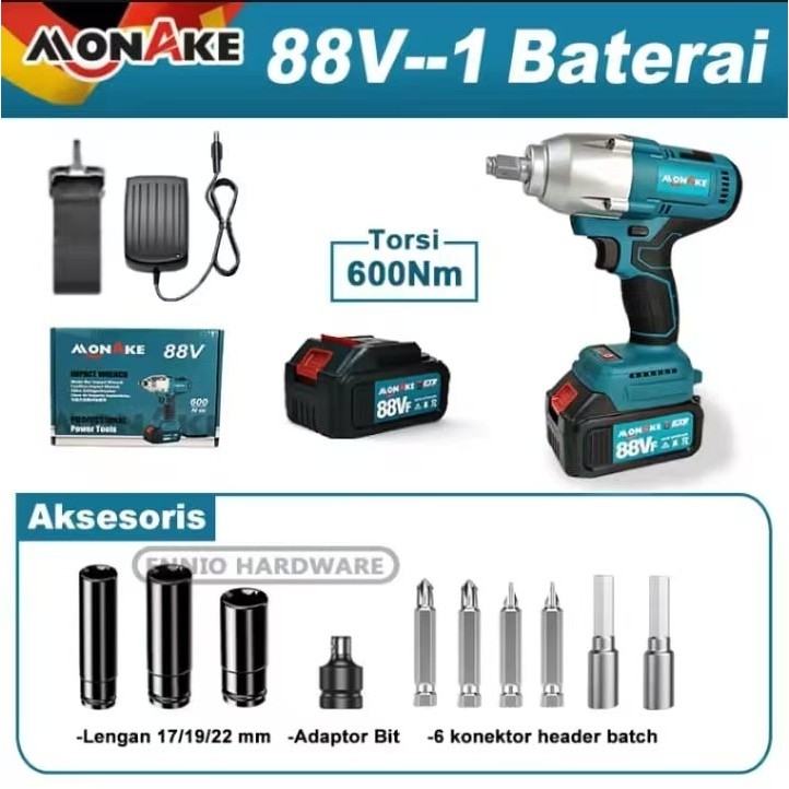 MONAKE Cordless Impact Wrench 600 Nm MONAKE 88V | Bor Baterai Buka Baut Socket 88V MONAKE GERMAN TEC