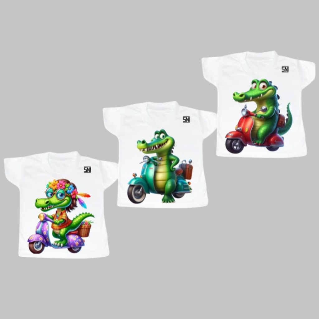 3 Pcs Atasan Baju Kaos Oblong Bayi Anak Cotton Combed 40s Lengan Pendek Serian Putih Buaya Vespa Pri