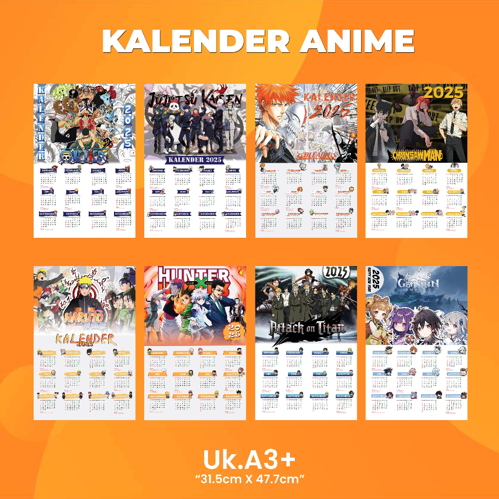 

Kalender Dinding Anime Ukuran A3+ I Cetak Kalender 2025 Custom II Kalender Dinding II Proses cepat satu hari jadi