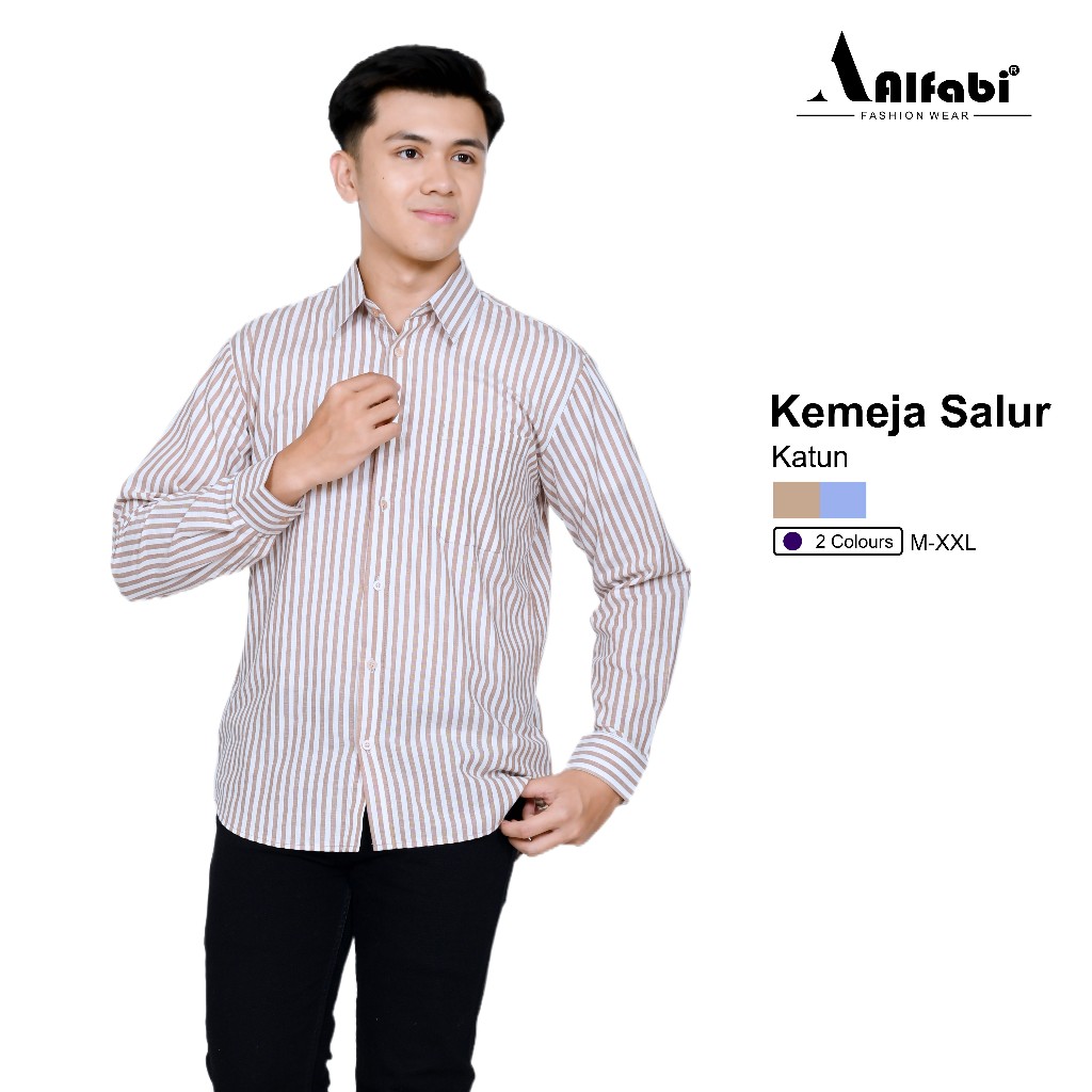 Alfabi - Kemeja Motif Salur Pria Lengan Panjang Kemeja Garis Garis Premium