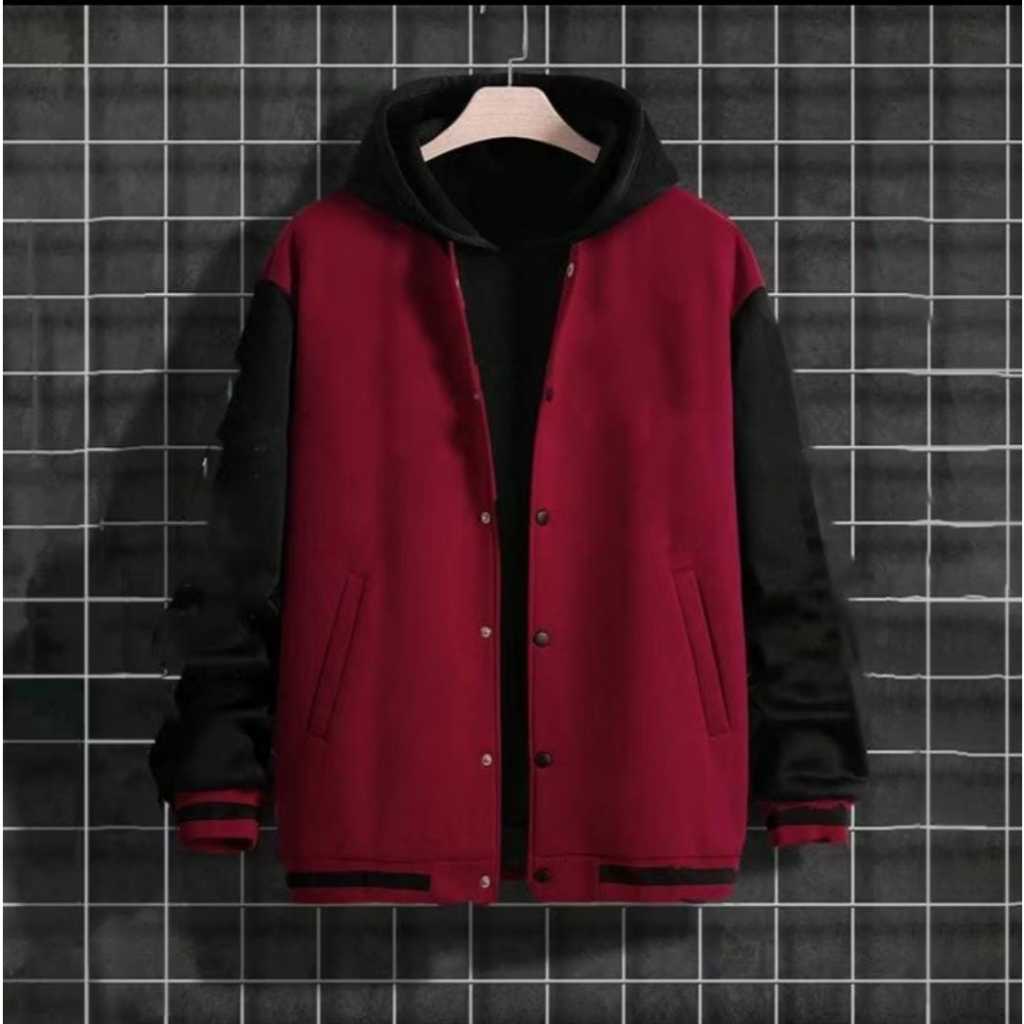 Terbaru Jaket Varsity Baseball Hitam Cream Polos - Jaket Hoodie Varsity Model Kancing Premium