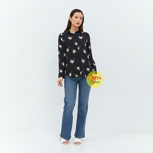 Geela - Geraldine Black Shirt (G.11646) - Kemeja Wanita Motif Lengan Panjang Pakain Wanita Terbaru M