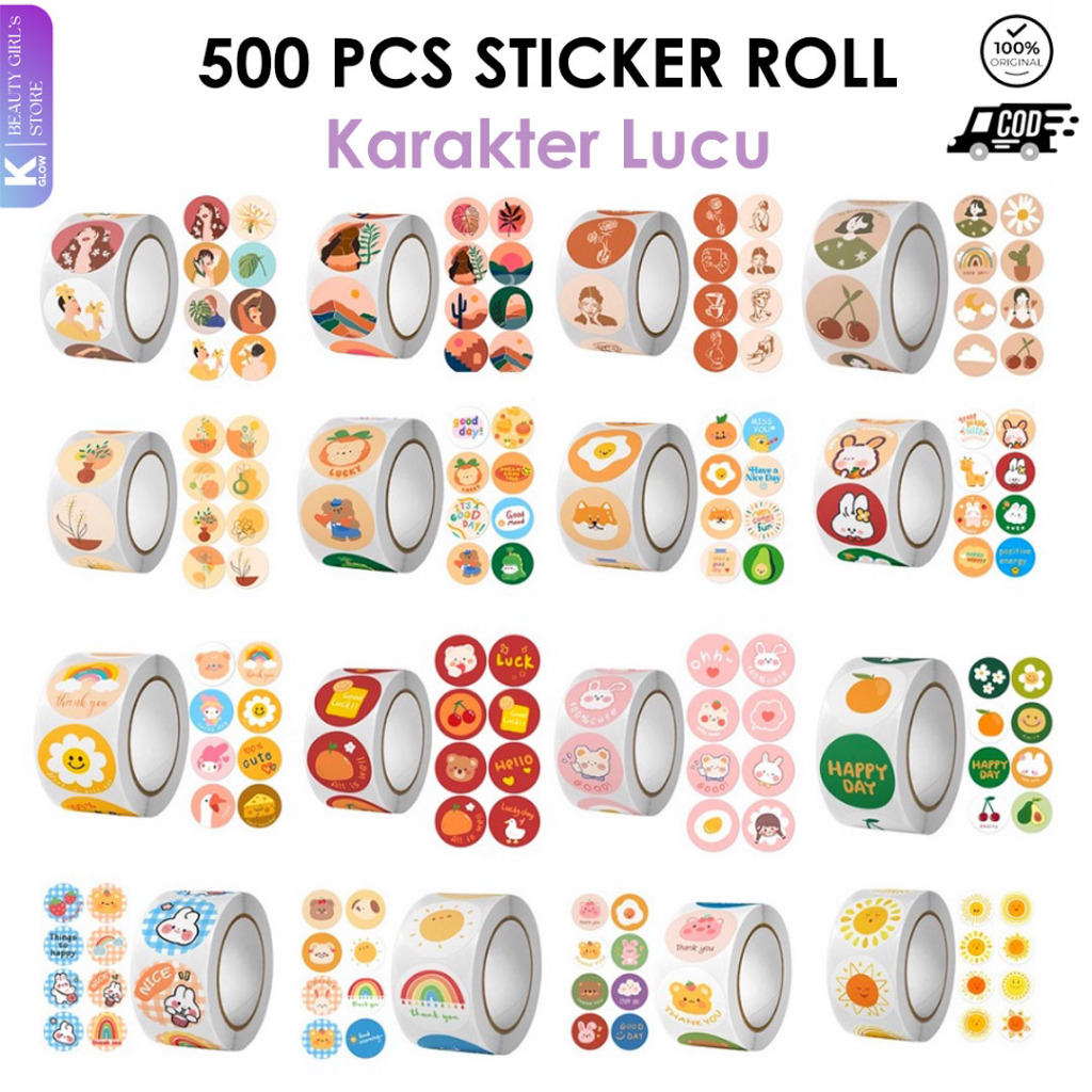 

[ KGLOW ] Sticker Roll Karakter Lucu 500 pcs 2.5 cm Stiker Tempel Label Bulat Kartun ST001