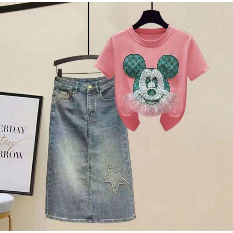 Setelan Rok Jeans Mickey Renda size 120,140,150