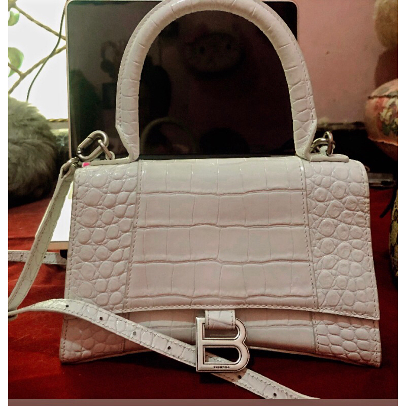 PL Balenciaga Hourglass tophandle S in white croco SHW auth satchel